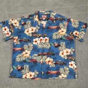 VTG RJC Hot Rod Hawaiian Shirt Men 4XL Blue USA Big & Tall Muscle Car Casual Y2K
